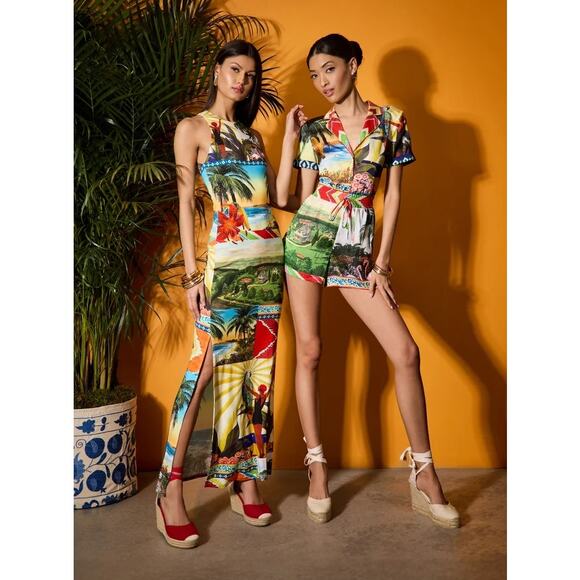 ALICE + OLIVIA Leighton Pajama Romper In Island Dreams Multi - Picture 7 of 12